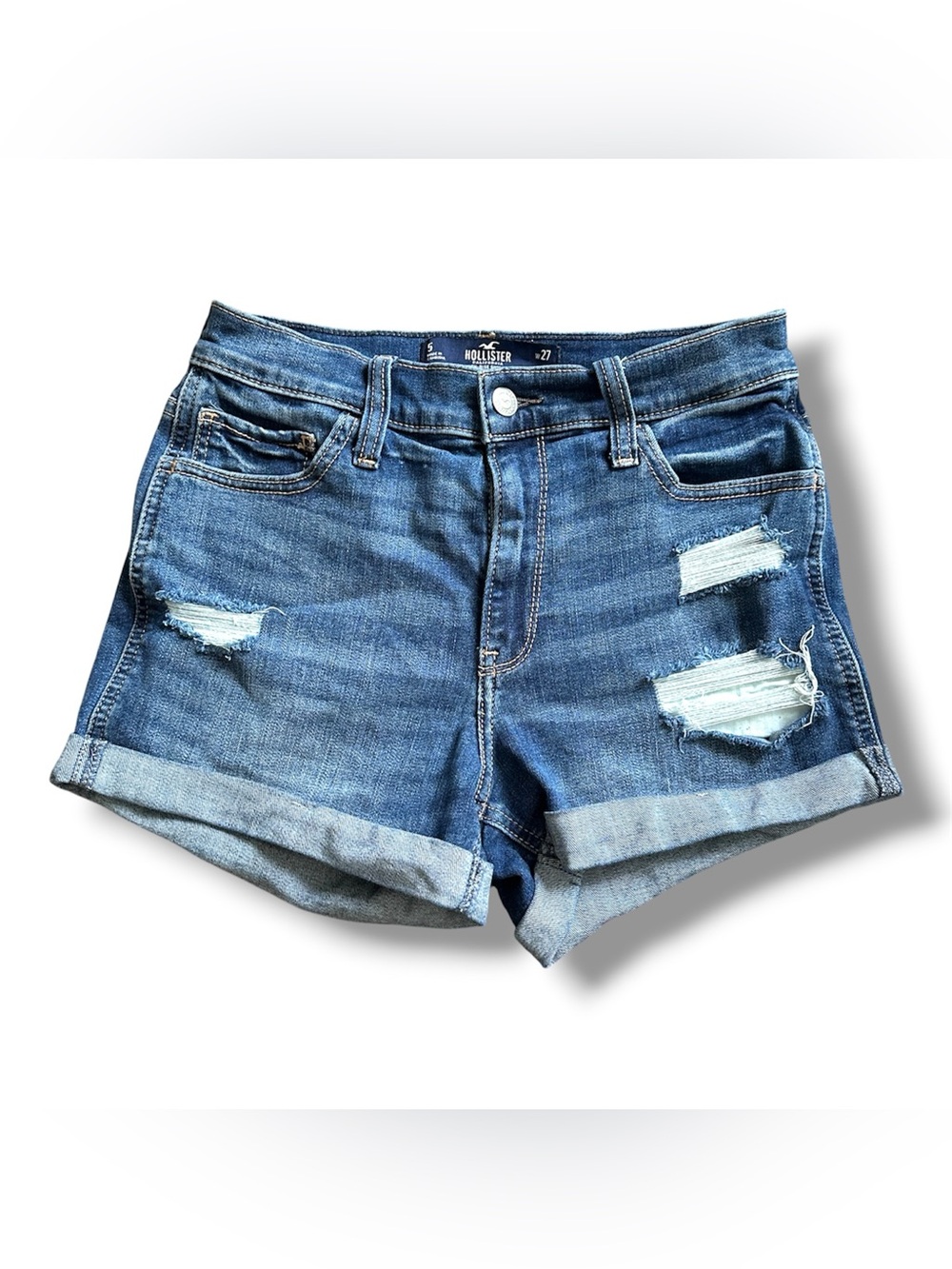 Hollister Distressed Blue Jean High-Rise 3” Shorts Women’s Size 5 Stretch Summer